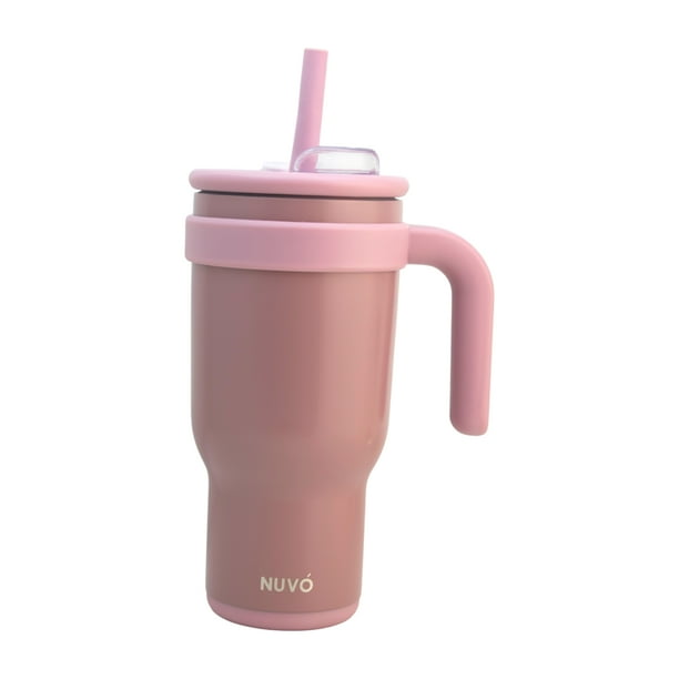 Termo Doble Pared Acero Inoxidable Exterior e Interior, Vaso Térmico con Tapa Doble y Popote Plástico con Silicona y Asa Ergonómica, Capacidad 900 ml, Rosa