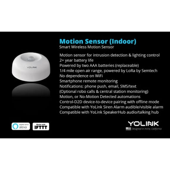 Yolink LoRa Detector de movimiento inteligente de alcance inalámbrico de 1/4 milla, sensor de movimiento para interiores, detector de movimiento, Alexa, IFTTT, requiere concentrador Yolink
