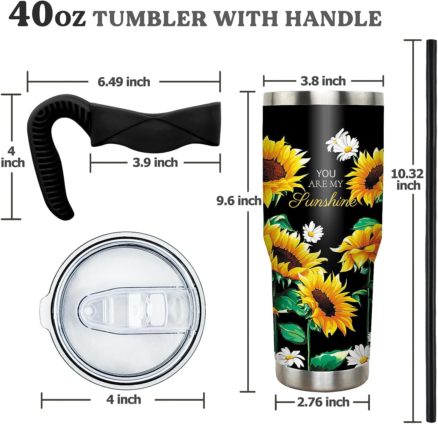 40oz Tumbler With Handle, Engraved, Sunflower, Floral 