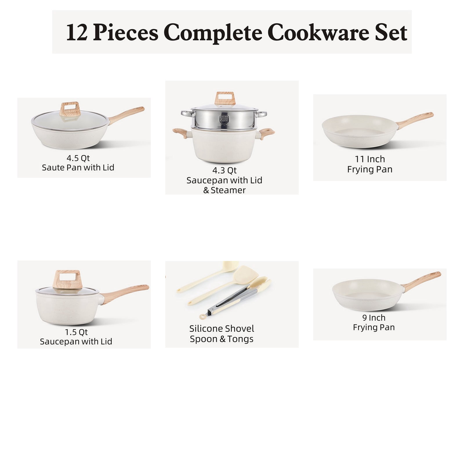 Fenbeli 12-Piece Ceramic Nonstick Cookware Set with Steamer and Utensils, Pots and Pans Set, Induction Compatible, Cream White