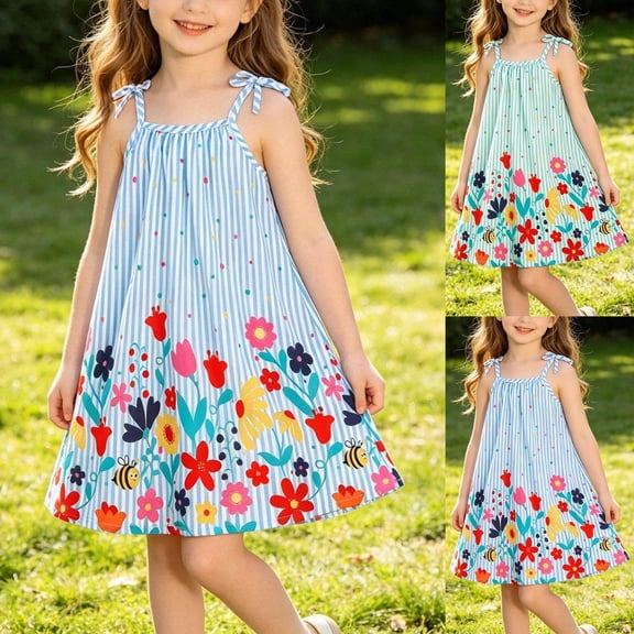 Babcutegg Floral And Striped Sleeveless A-Line Sundress With Decorative Bow Straps, Lightweight Breathable Fabric For Warm Weather Wear Green Size 7