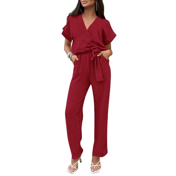 Mono Enterizo PRETTYGARDEN Cruzado con Escote en V Rojo Vino Talla M