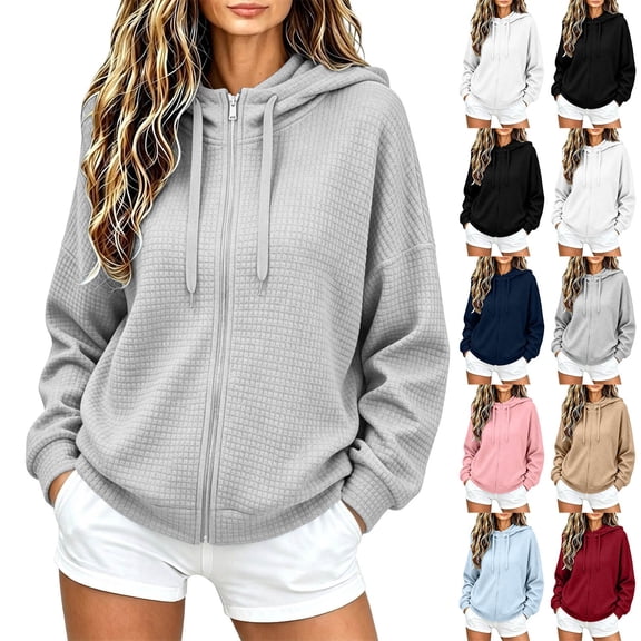 Waffle Zip Up Hoodie Women Casual Drawstring Sweatshirt | Full Zip Closure, Casual Fall Wear, Stand Collar, Multiple Colors, Long Sleeve, Lightweight, No Pocket, #01_Gray, L