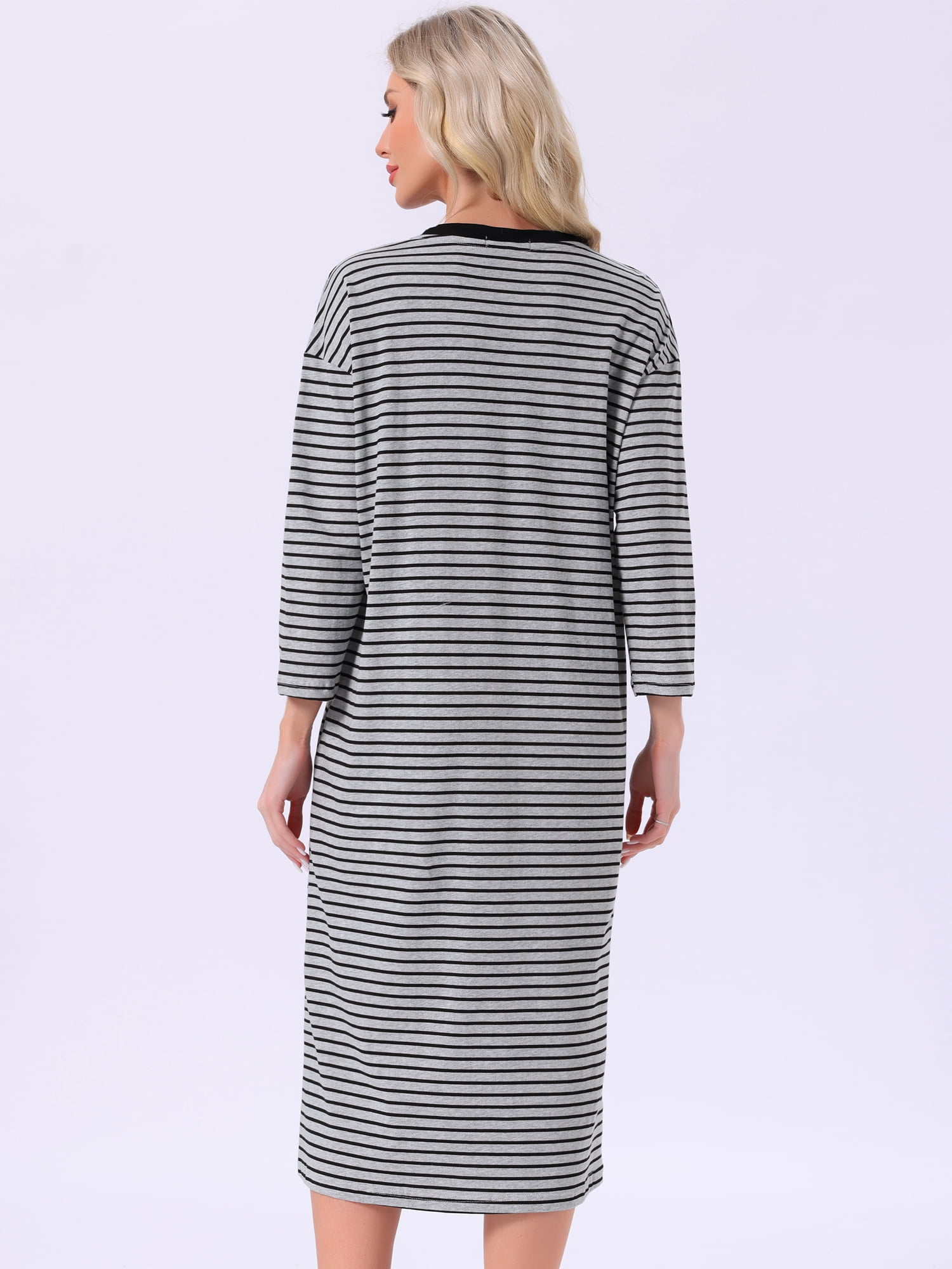 DARING DIVA Women's Cotton Stripe Long Sleeve Nightgown with Built in Bra S Gray