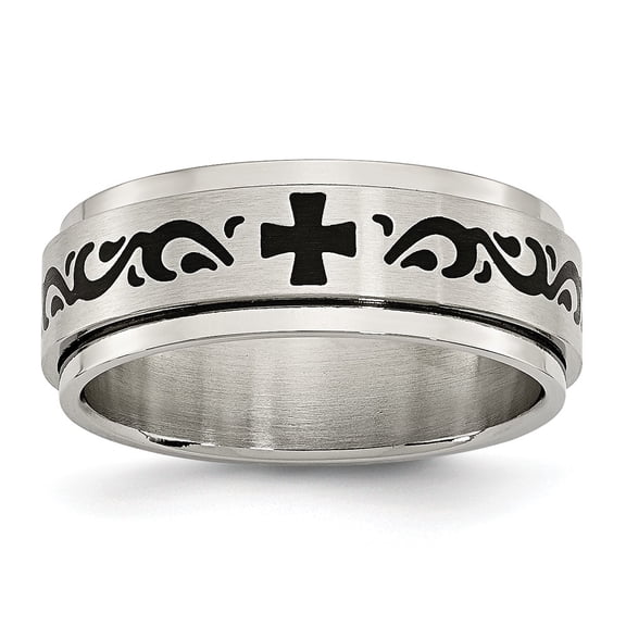 White Stainless Steel Ring Band Wedding Black Enamel Swirl Design 8mm Brushed Polished