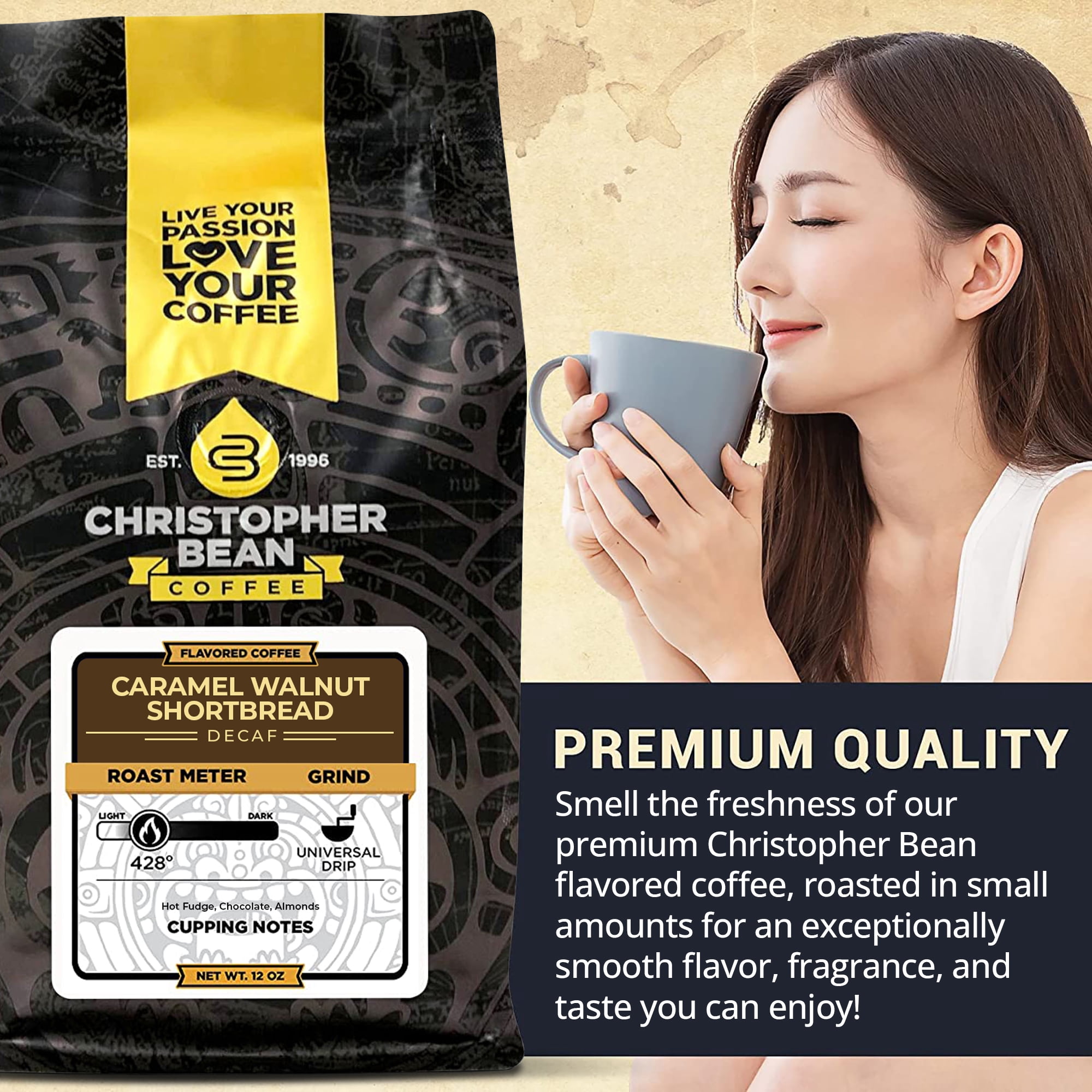 Christopher Bean Coffee- Caramel Walnut Shortbread Flavored Coffee, Decaf Coffee, 100% Arabica, Coffee Ground Medium Roast, No Sugar, No Fats, Made with Non-GMO Flavorings,12-oz Bag Ground Coffee Bean