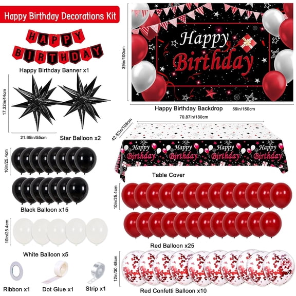 75PCS Red Black Birthday Decor Set Backdrop Balloon Arch for All-Age Party Supplies