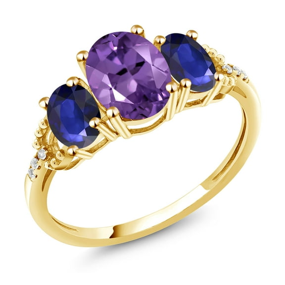 Gem Stone King 4.84 Cttw 8X6MM Oval Purple Amethyst 6X4MM Oval Blue Sapphire and Diamond Accent 10K Yellow Gold Ring for Women | Gemstone Birthstone.5 (Size 8)