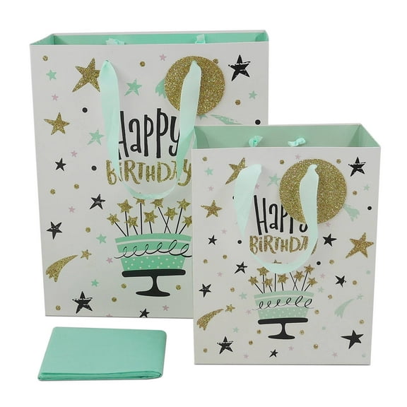 Birthday Gift Bags with Tissue Paper and Gift Tag, 9'' Medium and 13'' Large Blue Assorted Sizes Gift Bags for Presents (Cake and Star)