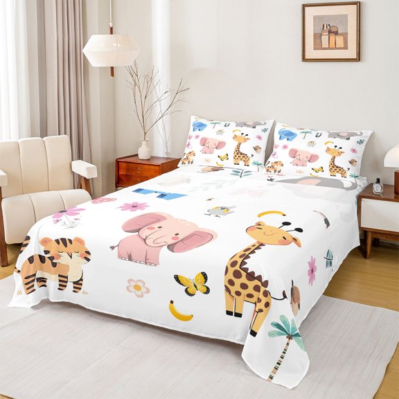 Feelyou Cute Giraffe Elephant Full Size Sheets, Jungle Animal Theme Bed Sheets, 4pcs