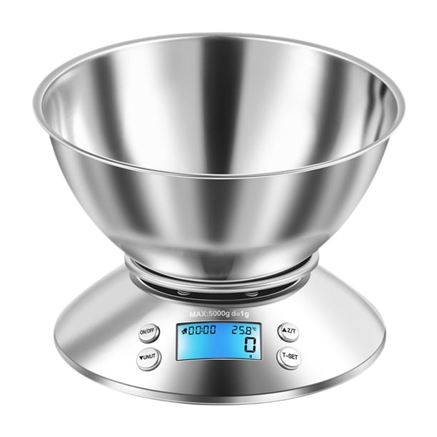 Báscula de cocina con recipiente de 5 kg/1 g para cocinar, precisa, pantalla , portátil, báscula electrónica para alimentos de acero inoxidable par