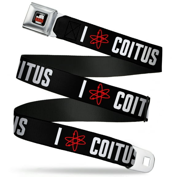 The Big Bang Theory Belt, Seatbelt Buckle Belt, I Atom Coitus Black White Red, 30 to 44 Inches
