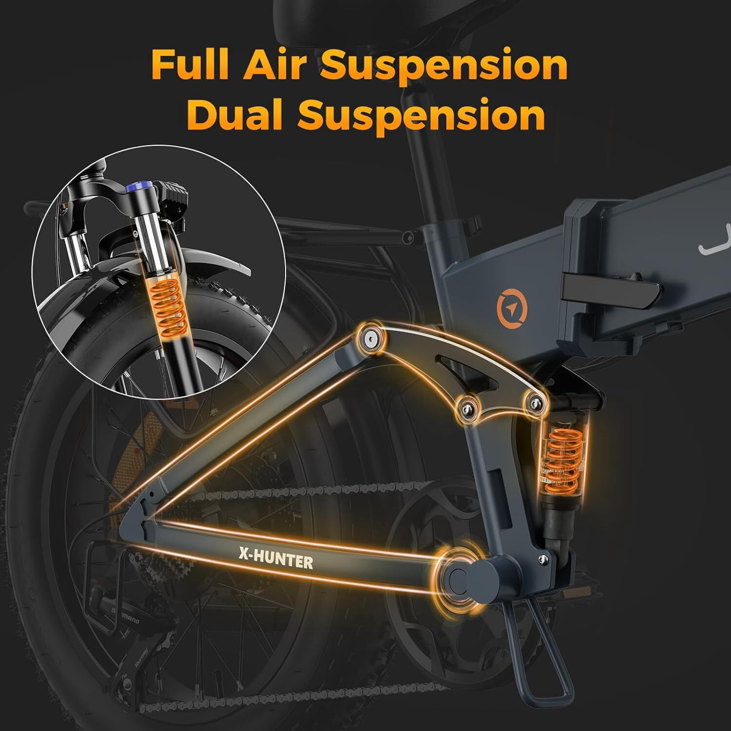 Jasion X-Hunter Electric Bike for Adults, 750W Motor Electric Bicycle with 48V 13AH Removable Battery, 20" x4.0 Fat Tire Folding Ebike, Full Suspension, 7-Speed Bicycles