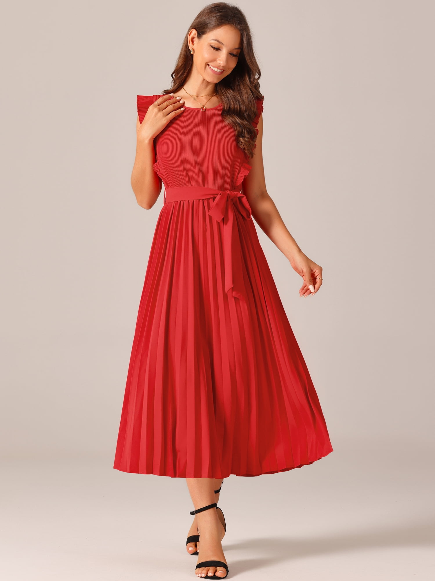 DARING DIVA Women's Ruffle Sleeveless Midi Dress with Tie Waist Belt 2XL Red