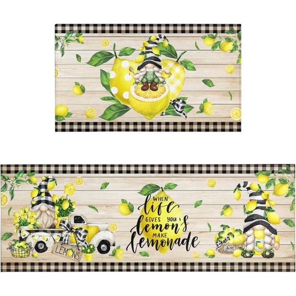 Lemon Yellow Kitchen Rug Mat Gnome Summer Kitchen Rugs Sets of 2 Washable Non-Slip Kitchen Floor Mats for in Front of Sink Lemon Kitchen Decor
