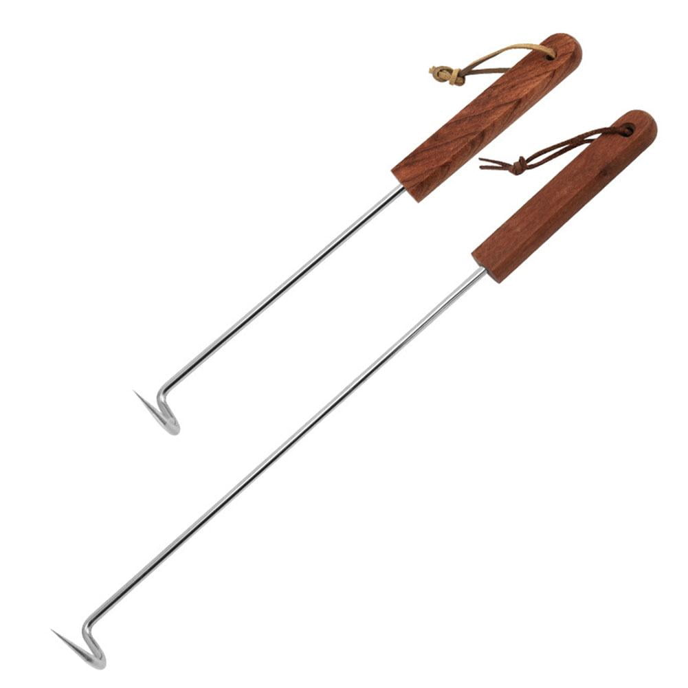 17.3 Inch Stainless Steel Pigtail Food Flipper with Wooden Handle - Heavy Duty BBQ Meat Turner Hook for Grilling, Smoking, and Outdoor Cooking