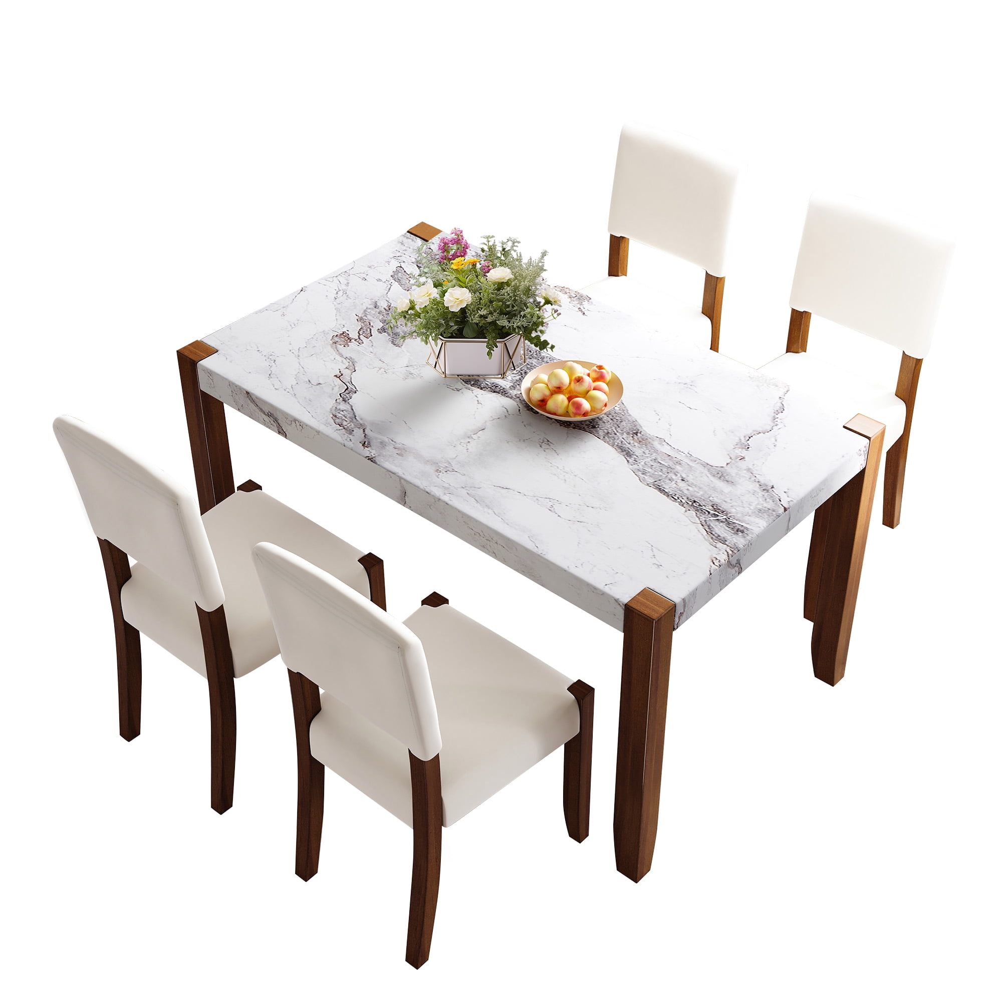 Euroco 5-Piece Dining Table Set for 4, 46" Faux Marble Kitchen Table with 4 Upholstered Chairs and Solid Wood Frame,Modern Kitchen Table Set for Home Living Dining Room, Beige