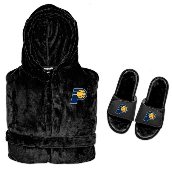 Men's ISlide Black Indiana Pacers Hooded Phantom Robe & Fur Slide Bundle