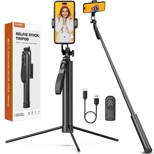Trípode de metal de 72 pulgadas y palo selfie para teléfono celular y cámara, trípode de viaje portátil, control remoto recargable, rotación de 360°, compatible con iPhone y Android y cámara, negro