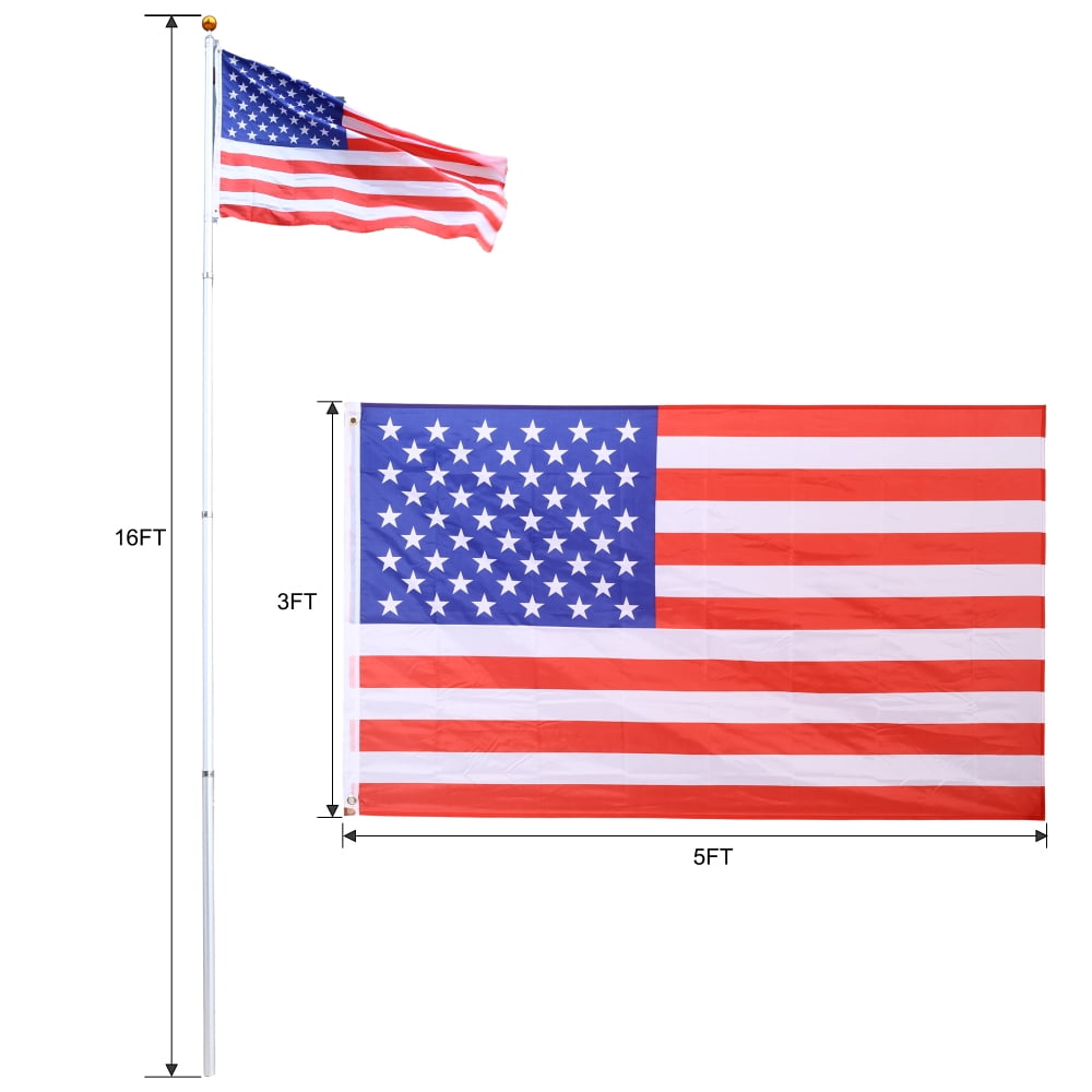 Gzxs 16Ft Telescopic Flag Pole Kit, Heavy Duty Aluminum Telescoping Flagpole, Outdoor Inground Flag Poles with 3x5 American Flag and Golden Ball Top for Commercial, Residential Use