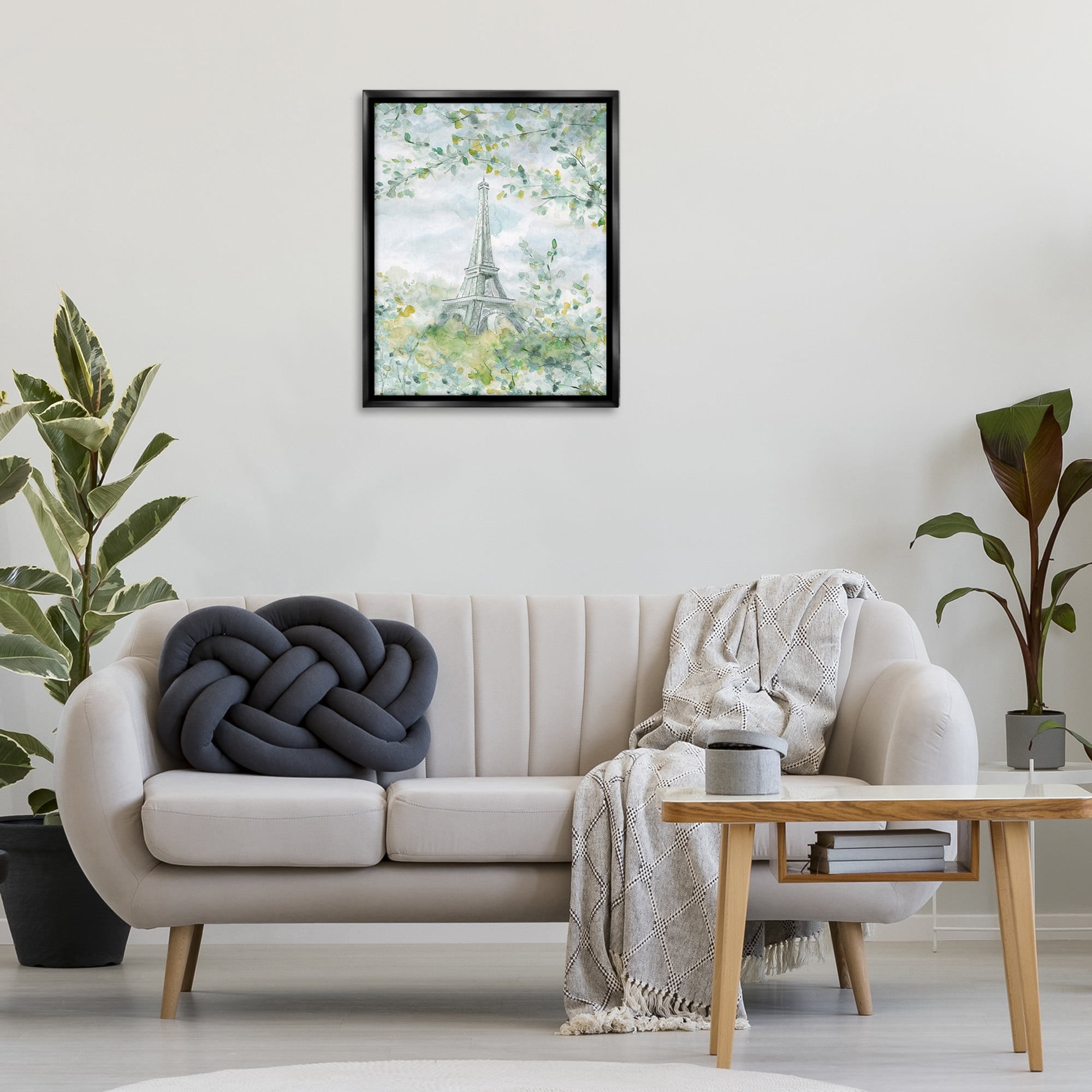 Stupell Industries Eiffel Tower Through Branches Plants & Flowers Painting Black Floater Framed Canvas Art Print Wall Art, 25 x 31