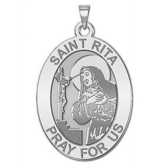 Saint Rita Oval Religious Medal  - 1/2 X 2/3 Inch Size of Dime, Solid 14K White Gold