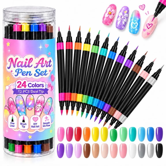 24 Colors Dual Ended Nail Art Pens Set, Nail Polish Pens with Fine Liner & Brush Tips for Nail Pattern Drawing, Hand-Painted Nail Art, Manicure DIY and Nail Craft Making