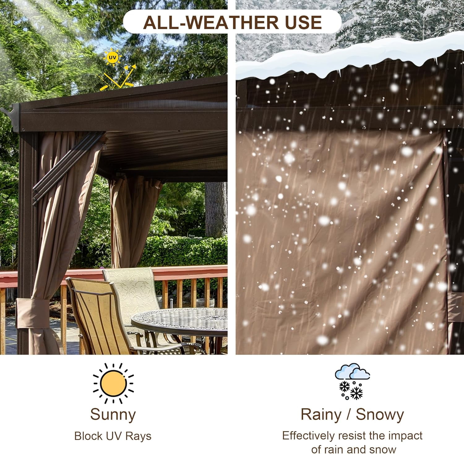 TOTAL Outdoor 8' x 12' Wall-Mounted Hardtop Gazebo with Galvanized Steel Roof, Aluminum Frame, Curtains and Netting,Ideal for Patio, Deck, Garden, and Backyard