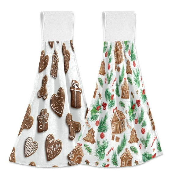 IAUYY Kitchen Hanging Towels Set of 2 100% Polyester Absorbent, Super Soft Hand Towels with Hanging Loops for Bathroom Kitchen Gingerbread Cookie Pattern Fashionable Christmas