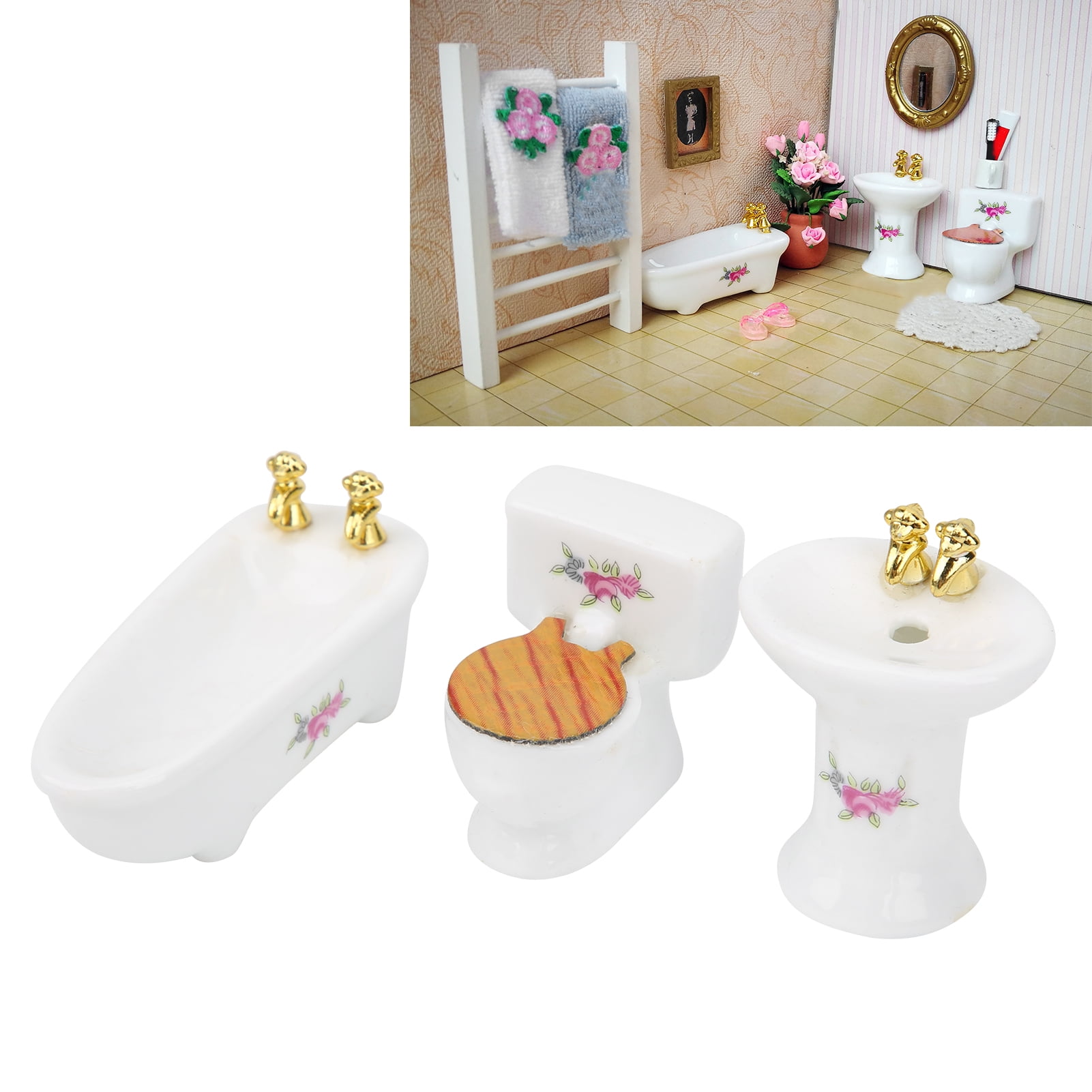 Cergrey 1/24 Dollhouse Miniature Bathroom Set Simulation Ceramic Bathtub Toilet Sink Kit