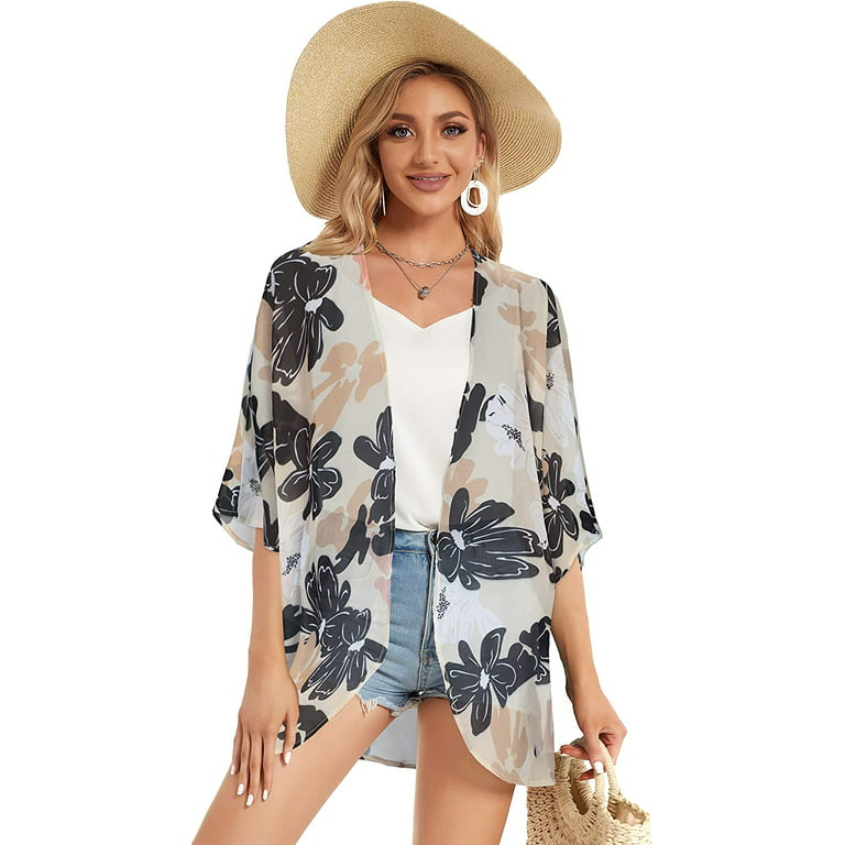 Women's Floral Print Puff Sleeve Kimono Cardigan Loose Cover Up Casual  Blouse Tops