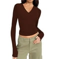 thumbnail image 2 of HAOTAGS Womens Sexy V-neck Croped Tops Solid Color Long Sleeve Slim Fit Blouse Tops Brown Size L, 2 of 5