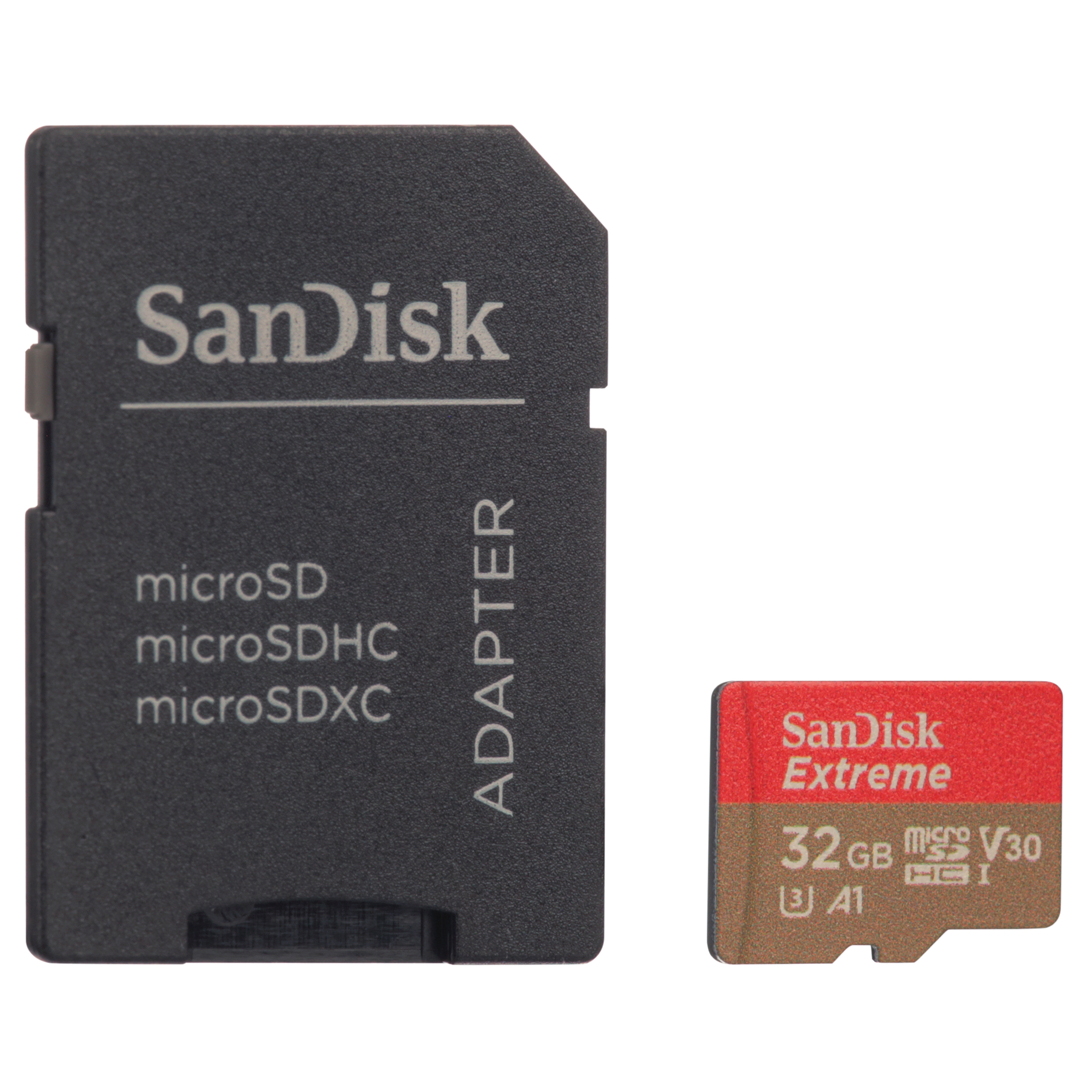 SanDisk 32GB Extreme microSDHC UHS-I Memory Card with Adapter 100MB/s,  U3, V30, 4K UHD, A1, Micro SD Card SDSQXAF-032G-GN6MA