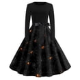 thumbnail image 2 of WTOBBY Women's Halloween Print Flare Dress with Spider Bat Pumpkin Pattern, Round Neck, Long Sleeves, and Hollow Party Design for Casual Retro Fashion ,Black L, 2 of 5