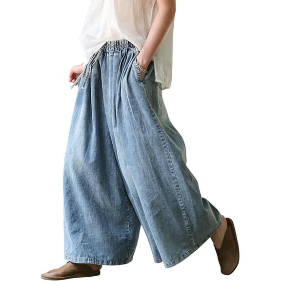 Women's Wide Leg Baggy Jeans Plus Size Loose Elastic Waist Denim Pants with Deep Pockets Light Blue