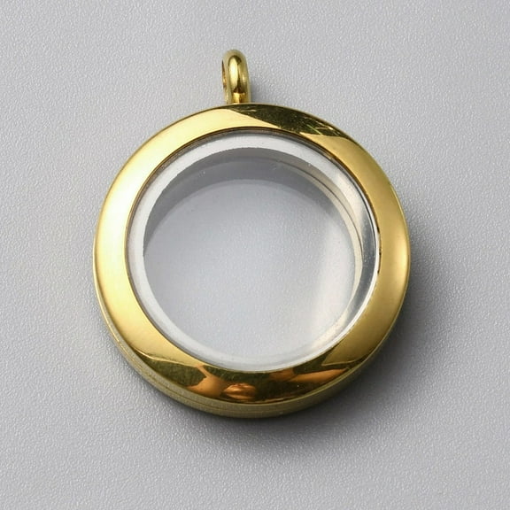 2pc 304 Stainless Steel Locket Pendants with Glass DIY Accessories for Jewelry Pendant Making Flat Round Charm Golden 30x24.5x6mm Hole: 4mm