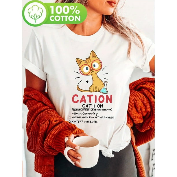 Women's Science Cat Print T-Shirt - Humorous "CAT·ION" Pun Design with Cartoon Cat & Chemistry Graphics, 100% Cotton Short Sleeve Crew Neck Casual Top for Spring & Summer