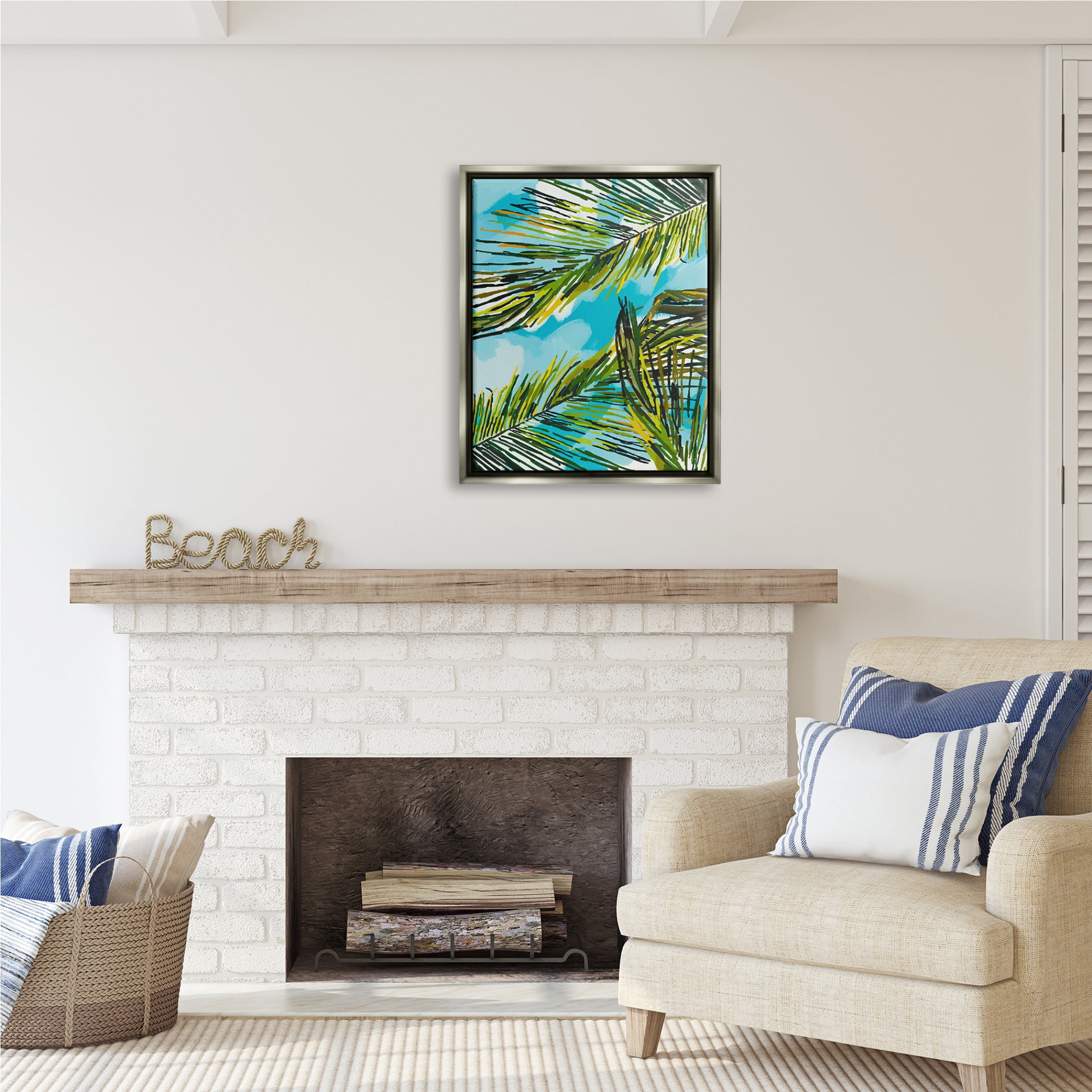 Stupell Industries Palm Leaves Blue Sky Botanical & Floral Painting Gray Floater Framed Art Print Wall Art, 25 x 31