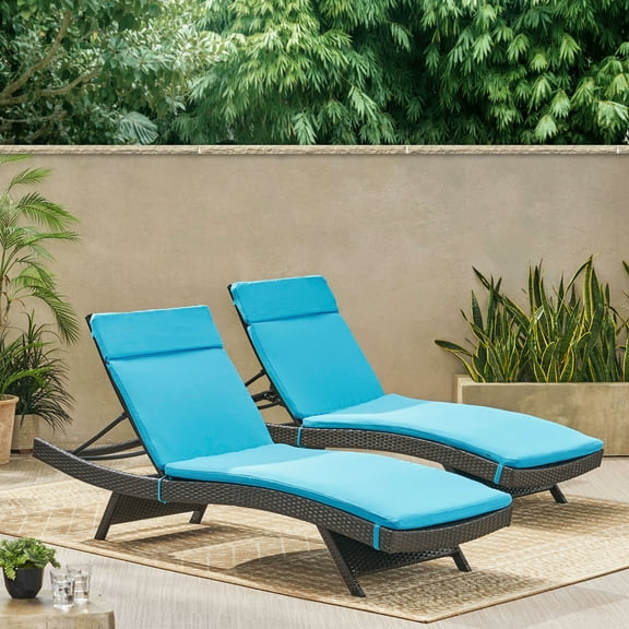 Outdoor Brown Wicker Adjustable Chaise Lounge with Blue Cushions (Set of 2)