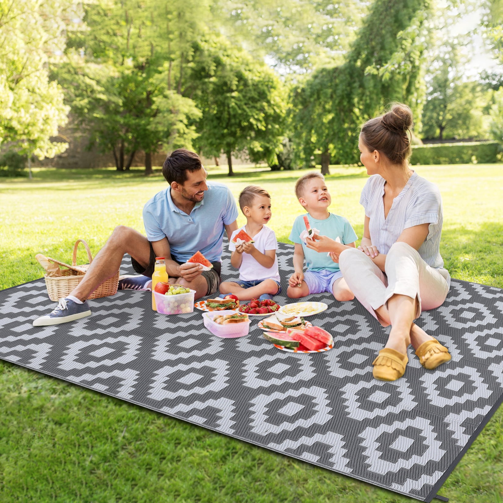 Garvee Waterproof Outdoor Rug 8'x10' Reversible Plastic Patio Rugs, Portable Modern Abstract Indoor Outdoor Carpet for Camping, Balcony, Deck, Backyard, Gray & White, with Storage Bag