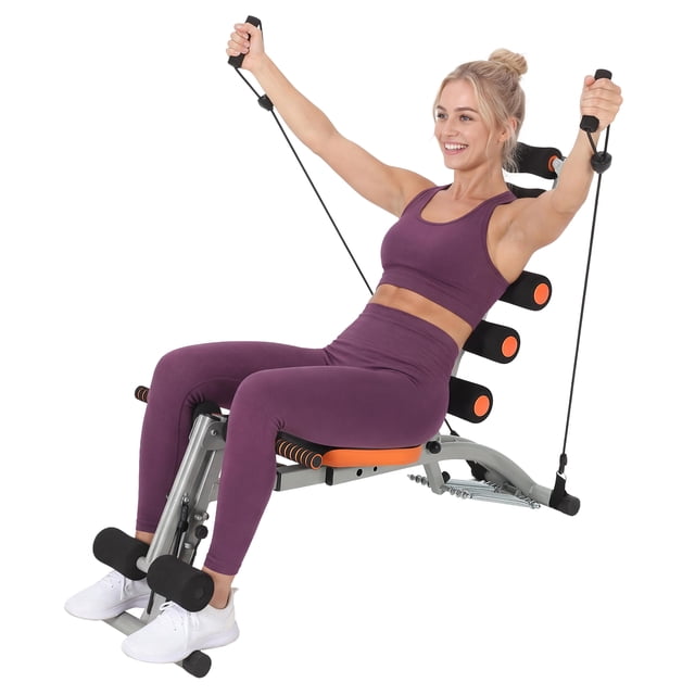 Multi Functional Adjustable Ab Bench with Resistance Bands, Foldable Home Gym Exercise Bench for Core Strength Abdominal Workout Sit Up Crunch, Orange