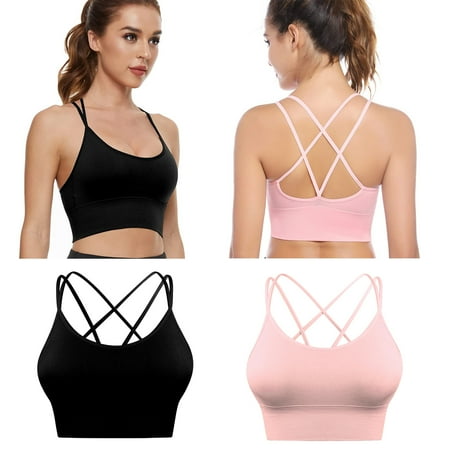 

Women s Strappy Sports Bra with Pad Sexy Crisscross Back XXL Size Support Yoga Bra for Workout Running Fitness Tank Tops Black and Pink 2 Pcs