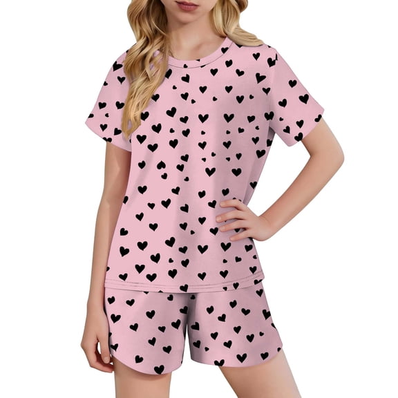 Cethrio Girls Summer Outfit Sets, Short Sleeve Printed Crewneck Casual Girls' 2 Piece Sets Pink Size 14