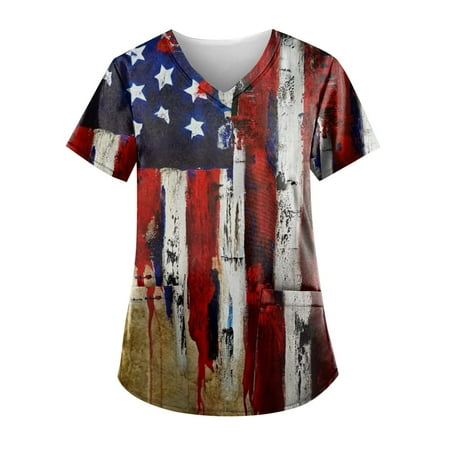 

Summer Savings Clearance 2023! 4th of July Shirts for Women Casual Sunflower American Flag Print V Neck Short Sleeve Nurse Working Uniforms Scrubs Tops with Pockets