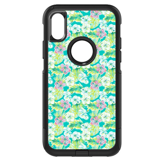 DistinctInk Custom SKIN / DECAL compatible with OtterBox Commuter for iPhone XR (6.1" Screen) - Preppy Pattern - Green Pink White Flowers Floral