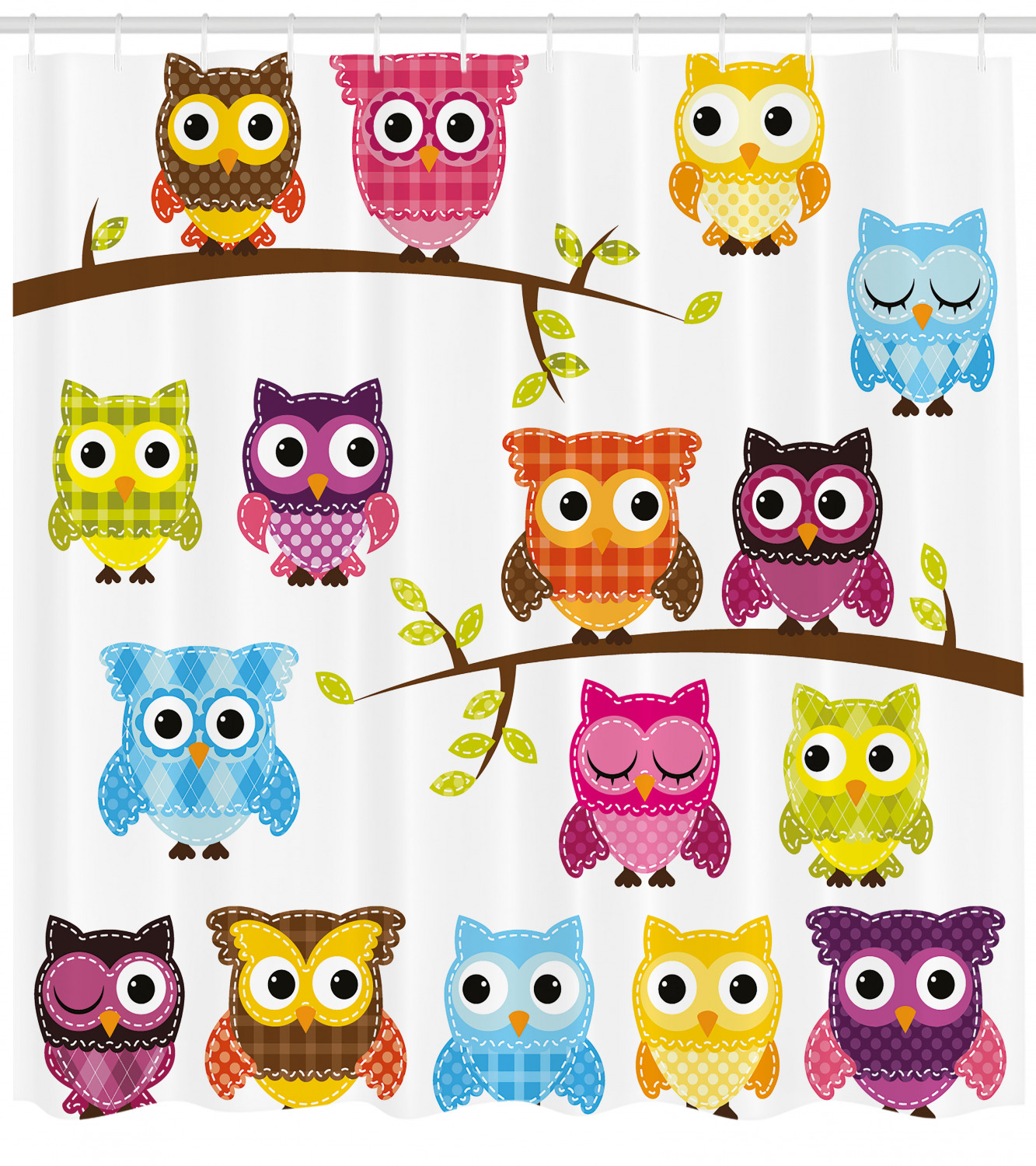 Nursery Shower Curtain, Set of Patchwork Quilt Style Owls on Branches