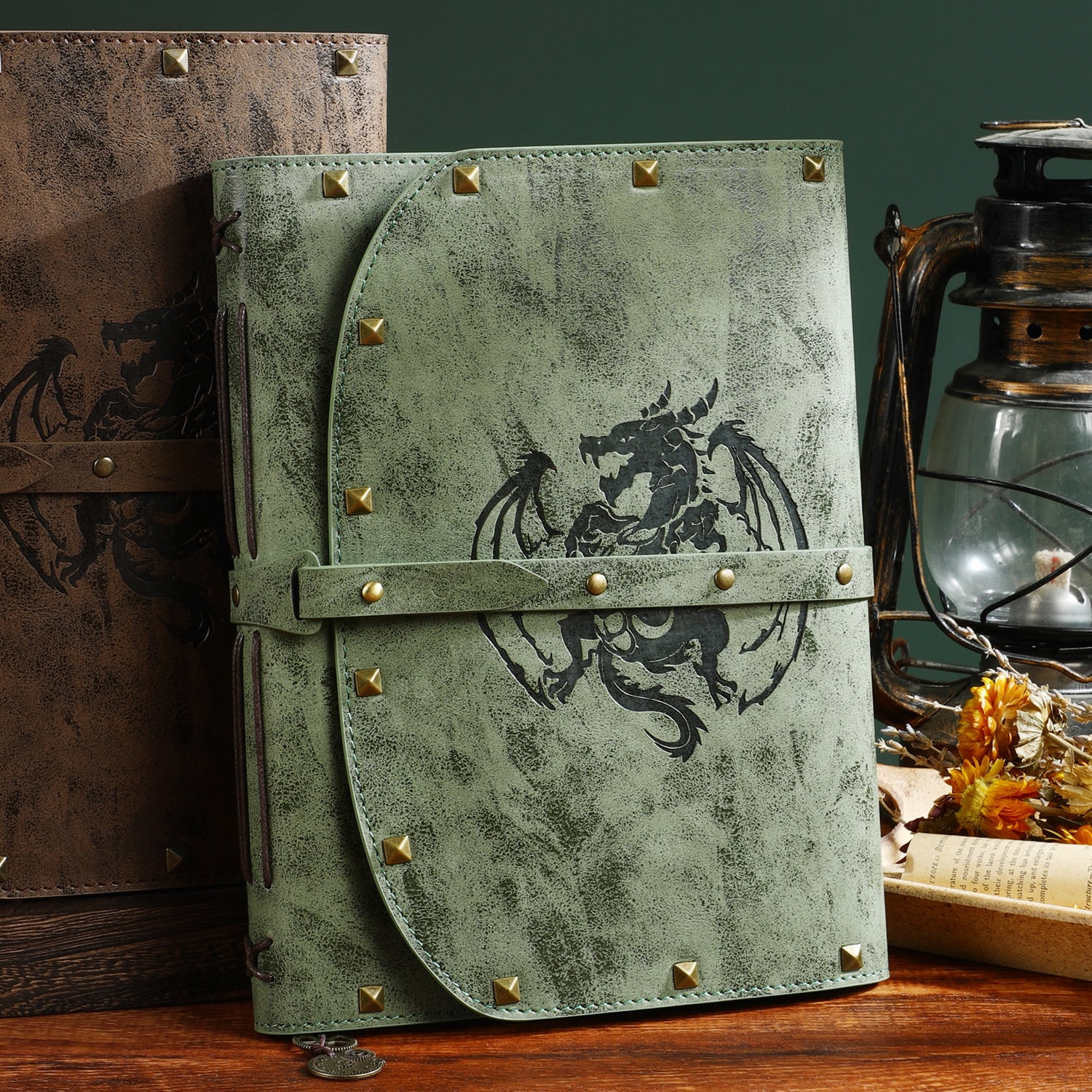 DND Dragon Notebook, Dragon Embossed Notebook for Dungeons & Dragons/D&D, Great RPG Accessory Nerdy Gift for DMs and Players, 288 Page A5 Leather Notepad, Great for Men and Women! Rivet Green Dragon
