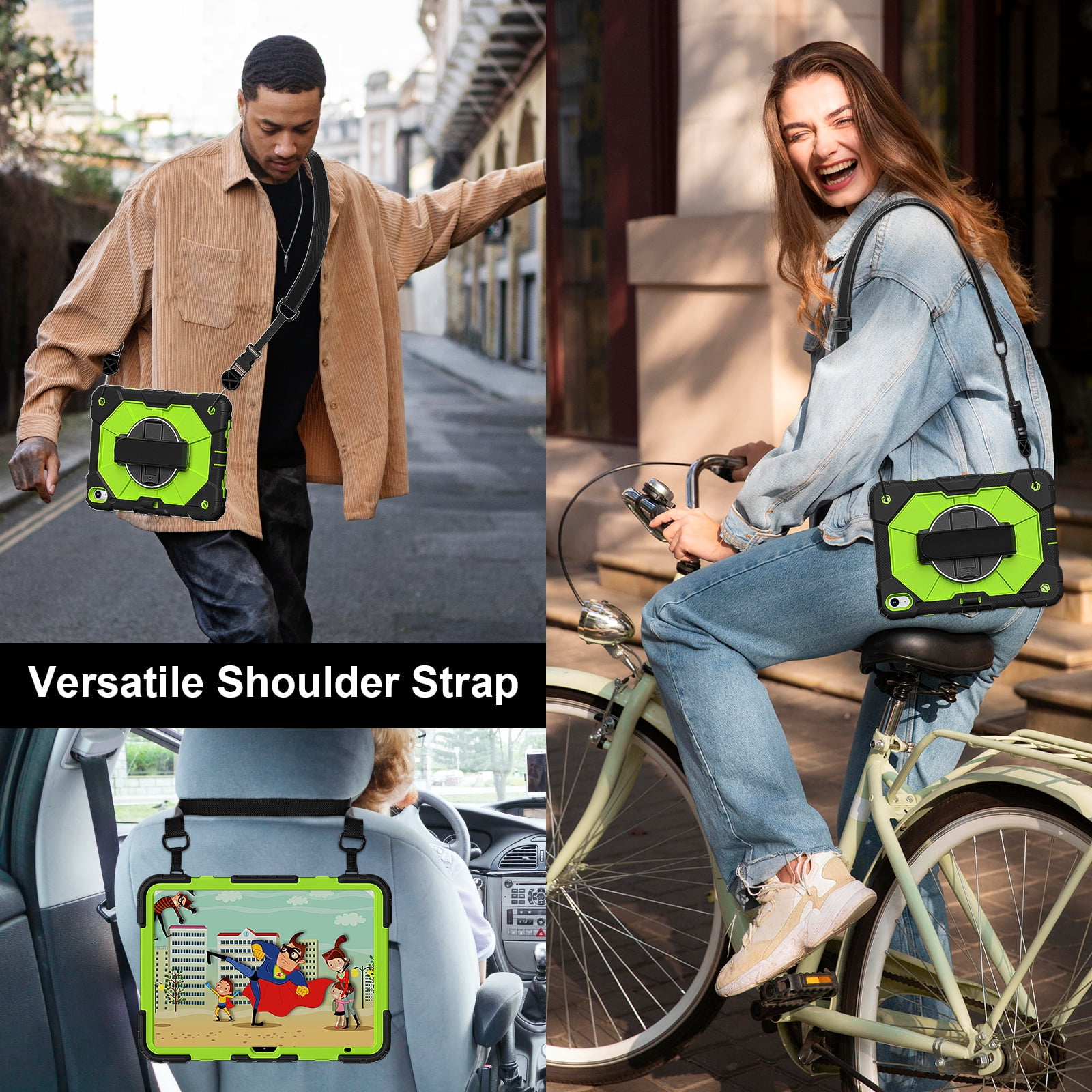 ELEHOLD Rugged Hybrid Case for iPad 11th Gen (A16) 2025 11-inch,with Built-in Kickstand 360° Rotating Handstrap Pencil Holder Crossbody Shoulder Strap Shockproof Heavy Duty Case,Black/Green