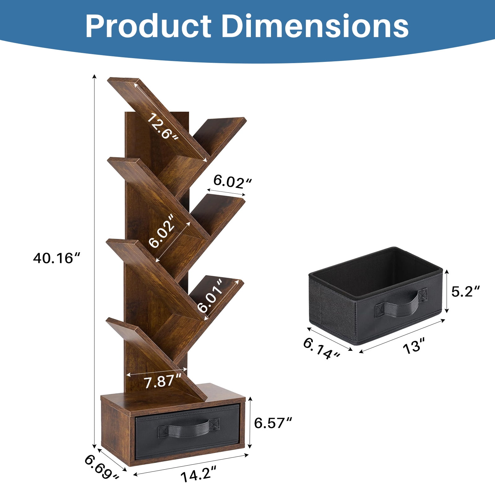 7 Tier Tree Bookshelf, Sturdy Bookcase with Storage Drawer Cabinet, Book Organizer Shelves for Home Office