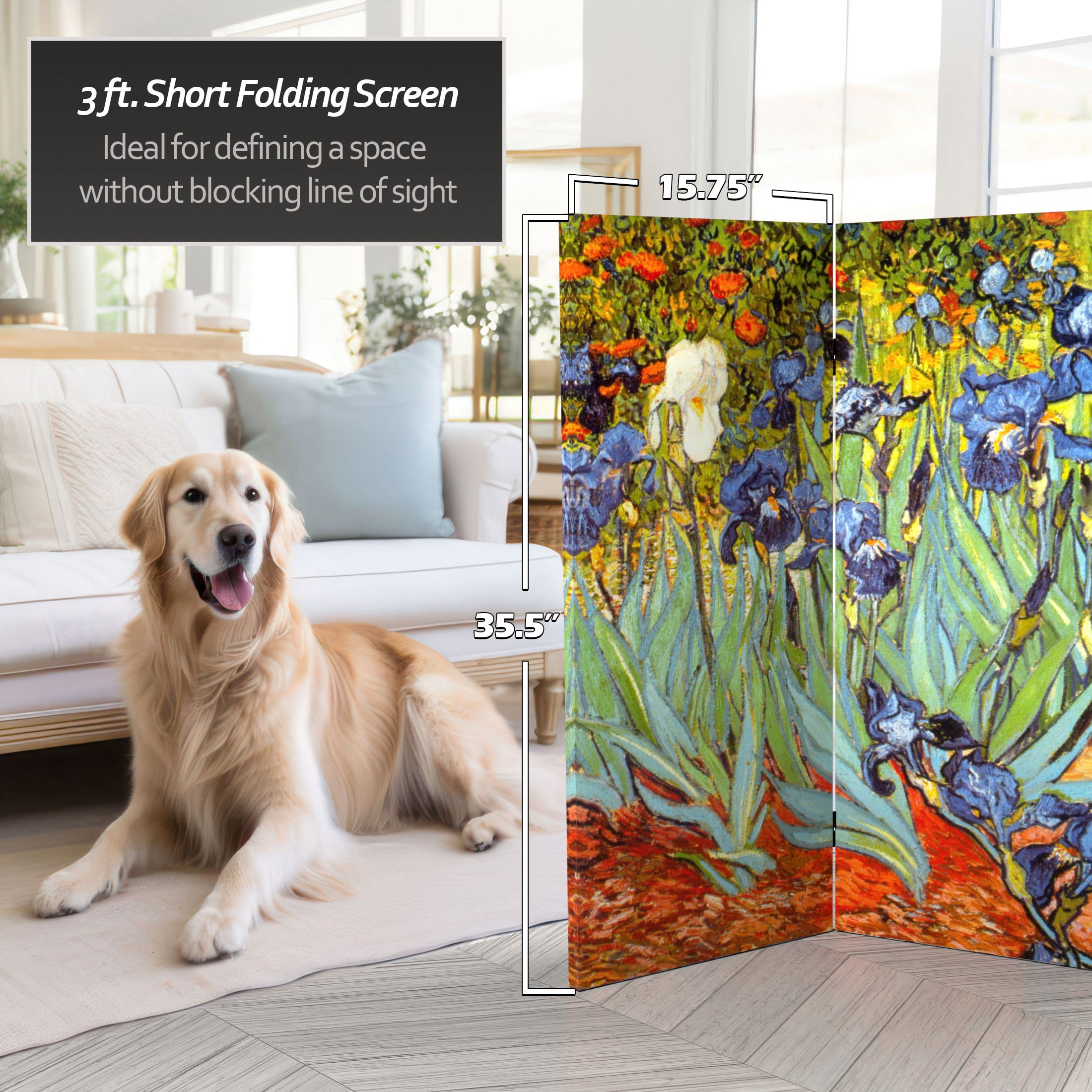 Red Lantern 3 ft. Short Double Sided Works of Van Gogh Canvas Folding Screen - Irises/Starry Night Over Rhone